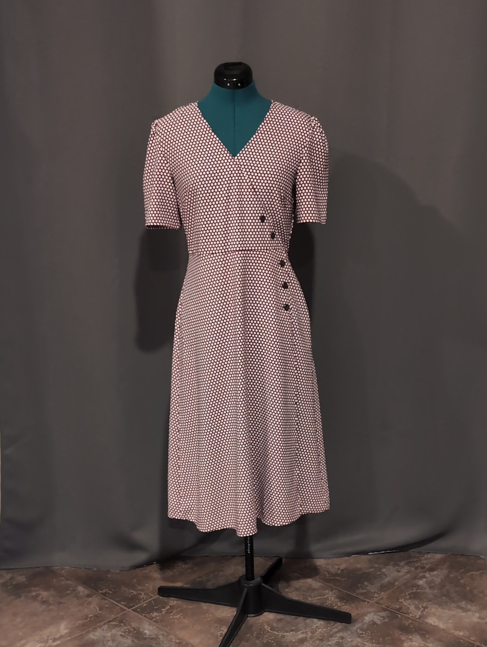 Ann Taylor Factory Maroon and White Polka Dot V‑Neck Midi Dress